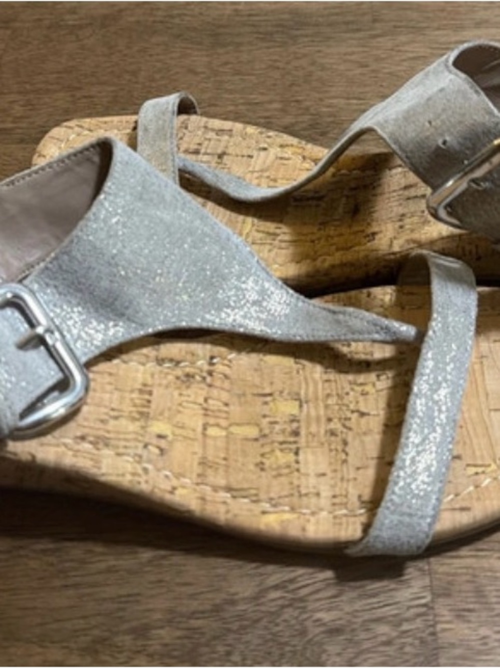 Donald J. Pliner Silver Glitter Cork-Platform T-Strap Sandals